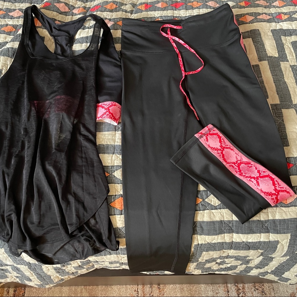 Fabletics Matching High-Waisted Cropped Legging & Bra Tank Set XS Black/Pink